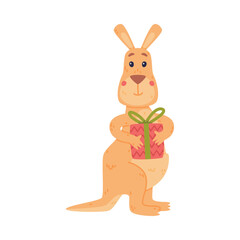Funny Kangaroo Marsupial Animal Holding Wrapped Gift Box Vector Illustration