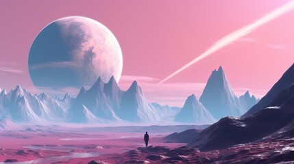 an intrepid explorer on the surface of a distant planet with 3 moons and mountains in the distance, pink blue white, person in the mountains, sunset in the mountains, Generative AI