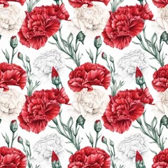 Fototapeten Seamless pattern with many red and white carnations in watercolor style. Generative AI. © Hanna