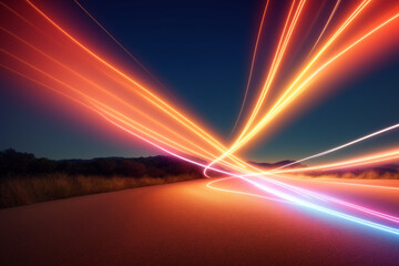 Fototapeta na wymiar curved neon lines background with gracefully arcing light trails in vivid colors, creating a sense of movement and energy. Generative AI