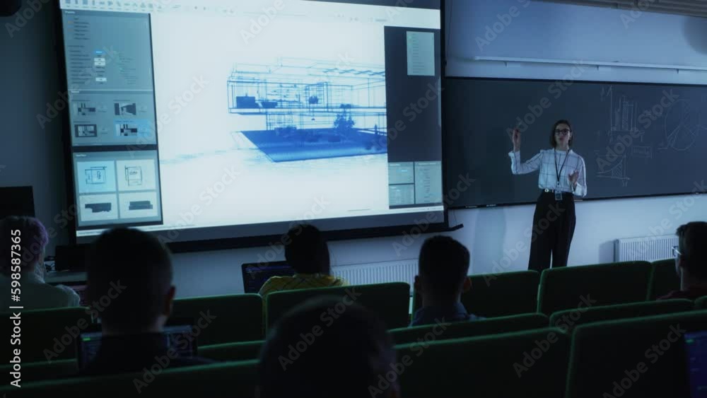 Fototapete young university professor explaining an interior design styles lecture to a group of diverse multie