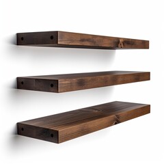 Wall - mounted floating shelves with a rustic finish isolated on a white background, generative ai