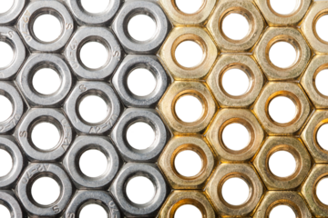 Metallic hex nuts layed out in a hexagonal pattern, industrial background. Mix of steel and brass nuts. Png clipart isolated cut out on transparent background