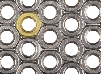 Metallic hex nuts layed out in a hexagonal pattern, industrial background. All steel and one brass nut. Png clipart isolated cut out on transparent background