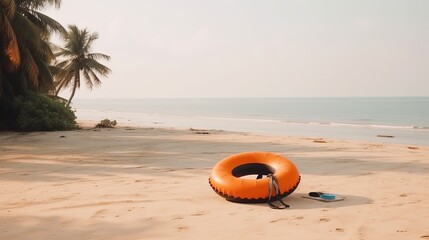 Obraz premium An inflatable swim lap against a backdrop of a beach with sand palm trees and the ocean. Tourist banner.