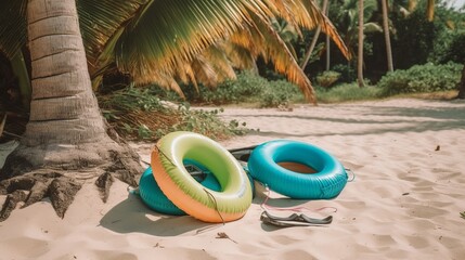 An inflatable swim lap against a backdrop of a beach with sand palm trees and the ocean. Tourist banner.