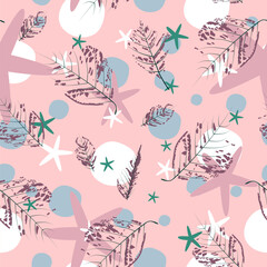 Seamless pattern with leaves on light pink background. Nature motif. Can be used for fabric,fashion pattern,cloth,textile,wrapping,covers,decor.