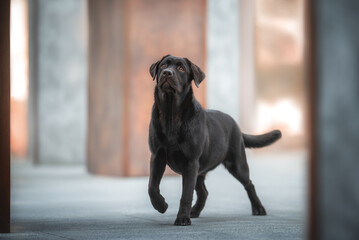Beautiful chocolate brown labrador retriever dog standing among brown and grey columns
