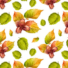 hazelnuts with autumn leaves on white background seamless pattern