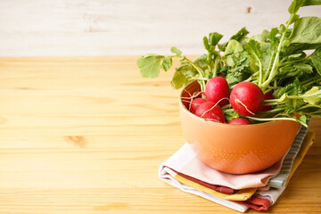 Fresh red radish in bowl on a wooden background, space for text.