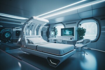 A futuristic hospital room featuring a bed, window with mountain view, and volumetric lighting. Generative AI