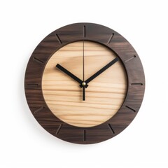  Wooden wall clock with a modern design isolated on a white background, generative ai