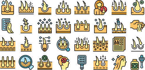 Trichologist icons set outline vector. Medical hair. Clinic treatment thin line color on white