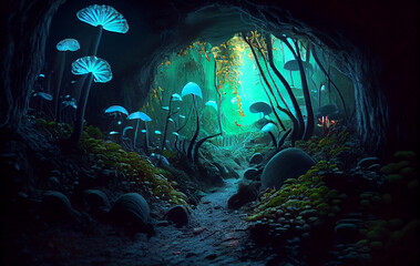 Fototapeta na wymiar The Forest's Hidden Gems: Glowing Wild Mushrooms, Emerging from the Earth and Adorning the Forest Landscape with Their Unique Beauty, and Colors Adding a Touch of Whimsy to the Enchanted Wilderness