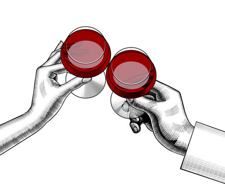 Hands of man and woman clink glasses with red wine. Hands holding a glasses with red wine. Friends raising a toast with glasses of wine at family dinner. Vector illustration