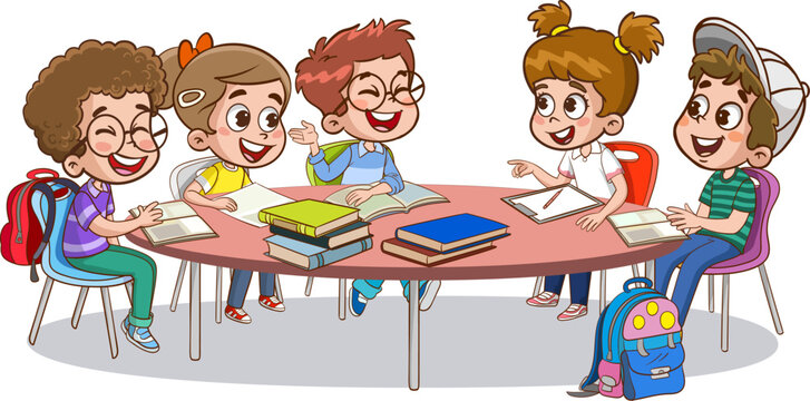 school library and studying together cartoon vector