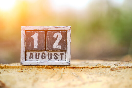 August 12 on a wooden calendar standing on stump forest with solar flare.Youth Day.