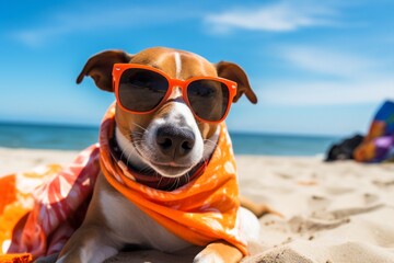 Comical beach scene with dogs taking selfies. generative ai