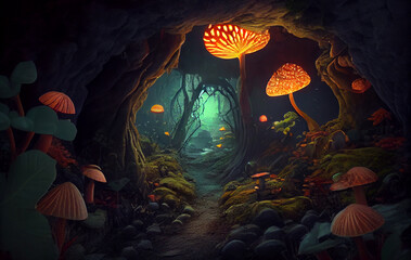 Obraz na płótnie Canvas The Forest's Hidden Gems: Glowing Wild Mushrooms, Emerging from the Earth and Adorning the Forest Landscape with Their Unique Beauty, and Colors Adding a Touch of Whimsy to the Enchanted Wilderness
