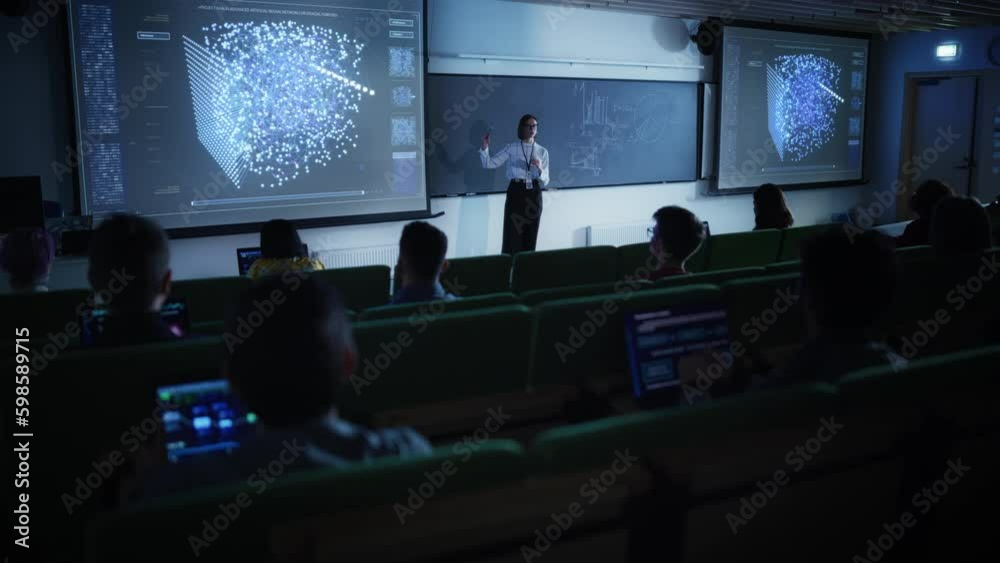 Fototapete young university professor explaining the importance of artificial intelligence to a group of divers
