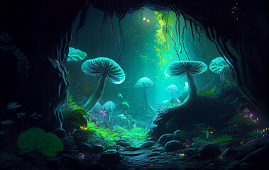 Fototapeta na wymiar The Forest's Hidden Gems: Glowing Wild Mushrooms, Emerging from the Earth and Adorning the Forest Landscape with Their Unique Beauty, and Colors Adding a Touch of Whimsy to the Enchanted Wilderness