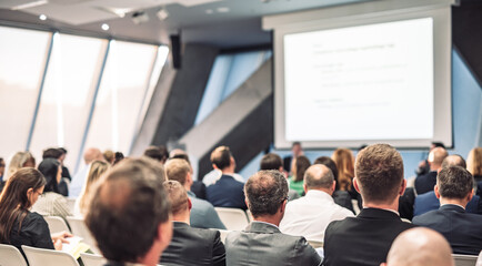 Fototapeta premium Round table discussion at business convention and Presentation. Audience at the conference hall. Business and entrepreneurship symposium.