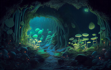 The Forest's Hidden Gems: Glowing Wild Mushrooms, Emerging from the Earth and Adorning the Forest Landscape with Their Unique Beauty, and Colors Adding a Touch of Whimsy to the Enchanted Wilderness