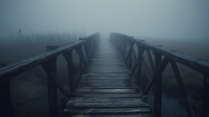 old wooden bridge leading to nowhere in the fog, broken, gloomy dark blue, mysterious, loneliness, pier in fog, bridge over the fog, horror, Generative AI
