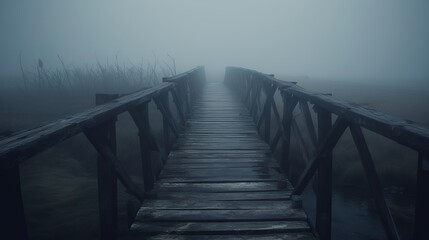 Obraz premium old wooden bridge leading to nowhere in the fog, broken, gloomy dark blue, mysterious, loneliness, pier in fog, bridge over the fog, horror, Generative AI