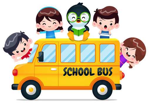 School Bus With Smart Penguin And Kids