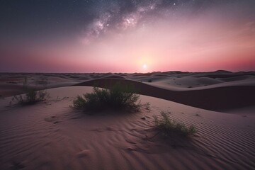 Desolate sunset desert with rolling dunes under a pink starry sky. Generative AI