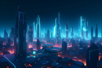 futuristic city in neon colors, architecture building, Ai Generated.