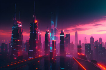 A neon-infused cityscape of skyscrapers and futuristic architecture, Ai Generated