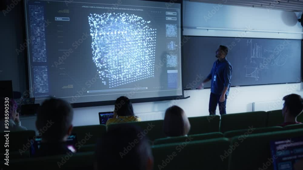 Poster Young University Professor Explaining the Importance of Artificial Intelligence to a Group of Diverse Multiethnic Students in a Dark Auditorium. Teacher Showing Neural Network on Two Big Screens