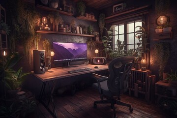 Cozy work space with purple tones, centered furniture and foliage in the corner. Generative AI