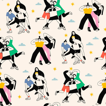 Groups of happy People. Friends or coworkers are standing, posing together, looking at camera. Cartoon characters. Community, friendship, teamwork concept. Hand drawn Vector seamless Pattern