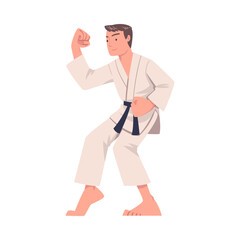 Young Man Doing Karate Wearing Kimono and Black Belt Engaged in Martial Art Vector Illustration