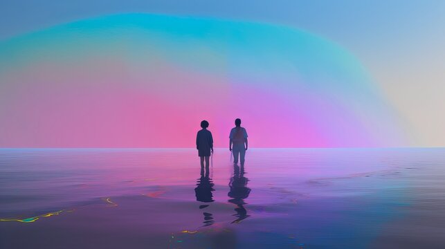 two people walking on the water in front of a fog, in the style of soft colours minimalism, there is a huge Cheshire cat in the sky, Generative AI