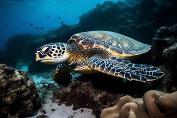 Obraz premium A beautiful turtle swimming between stones and coral reefs