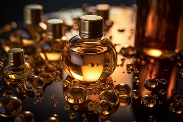 Golden bubbles of oil/serum for cosmetic or spa ingredient. Generative AI