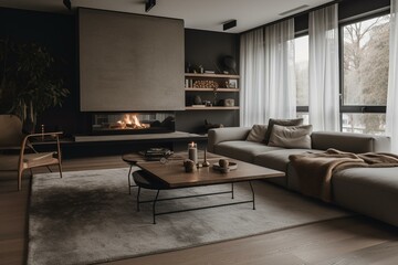 Modern living area with a hearth. Generative AI
