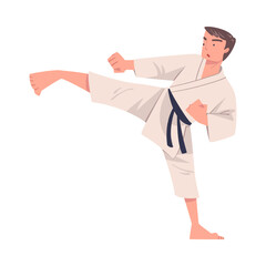 Young Man Doing Karate Wearing Kimono and Black Belt Engaged in Martial Art Vector Illustration © topvectors