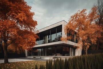 Fototapeta na wymiar Contemporary autumn residence. Generative AI