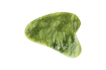 Gua Sha massager isolated from background, green jade stone for face and body care.