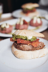 Traditional Chilean sandwich Italiano - with bread, meat, tomato, avocado and mayonnaise 