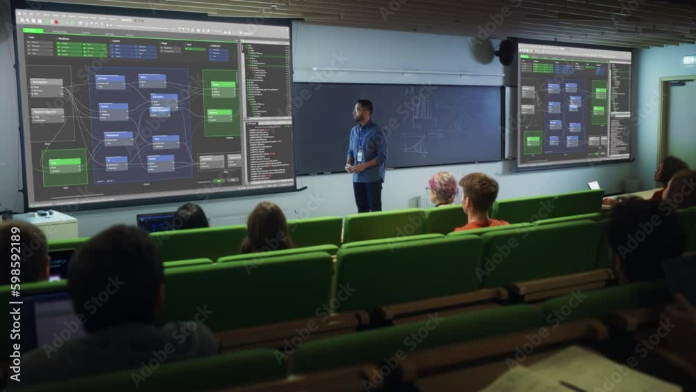Fototapete young male teacher giving a web development masterclass to diverse multiethnic group of female and m