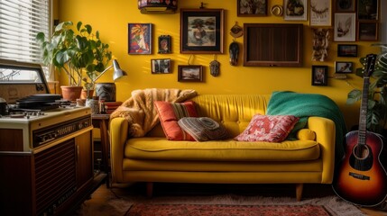 A bright yellow sofa with colorful throw pillows and a vintage record player in the corner. Generative AI
