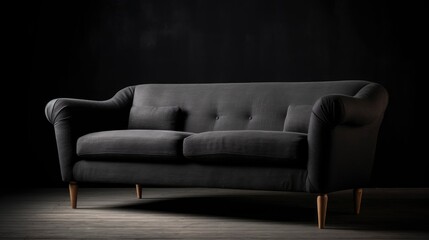 A charcoal grey linen sofa with wooden legs on a black background. Generative AI