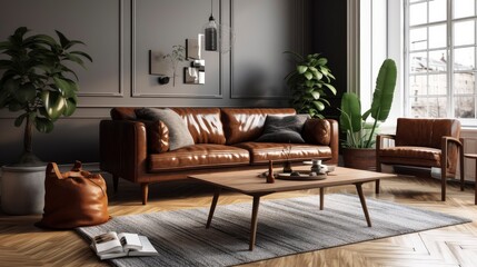 A classic brown leather sofa with a dark wooden coffee table and a black and white rug on the floor. Generative AI