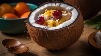 A coconut half used as a bowl for a refreshing fruit salad. Generative AI